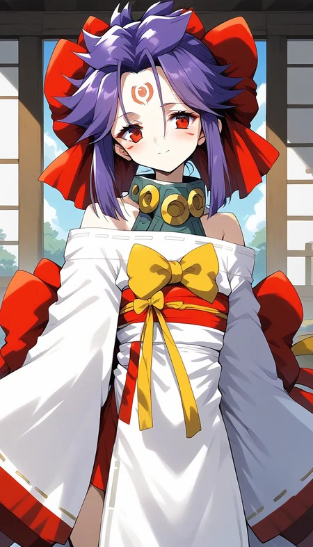 score_9, score_8_up, score_7_up, source_anime, rating_explicit, BREAK <lora:kakurine_Ver2.1_XL:1> kakurine, facial mark, forehead mark, red eyes, purple hair, long hair, sidelocks, hair bow, red bow, collar,
bare shoulders, japanese clothes, white kimono, apron, long sleeves, Yellow bow,
tatami, Japanese room,