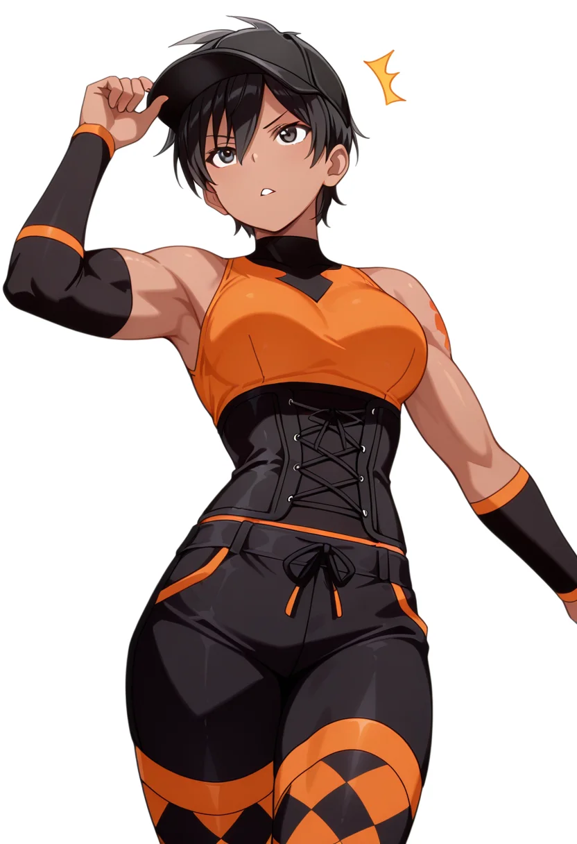 masterpiece,high quality details, absurdres,
hand on headwear,
<lora:Kanie_Kusagakure:0.8> kanie_cnr, 1girl, black hair, short hair, dark skin, muscular, medium breasts,, simple background, white background, front view,solo,, excited,parted lips,, compression shirt  ,corset top  ,flared pants,  ,argyle legwear thighhighs,