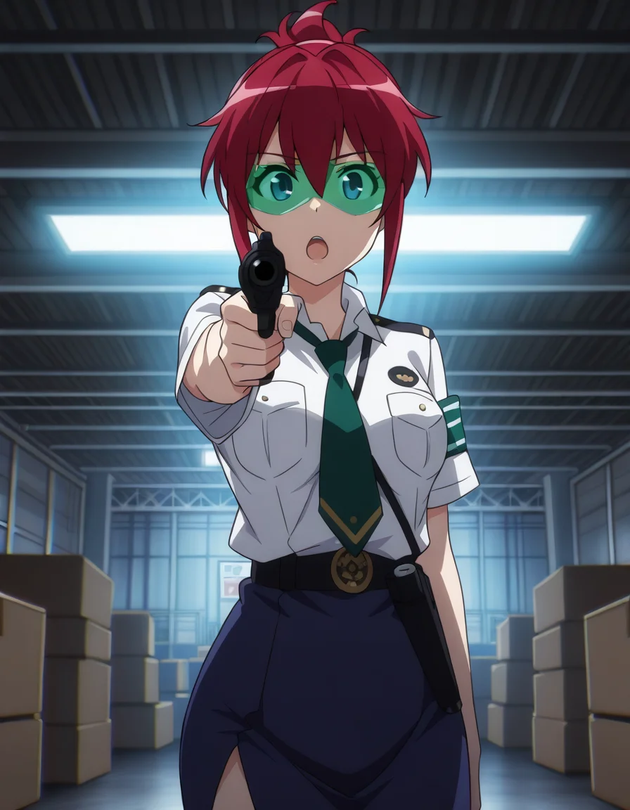 <lora:sakurai-aoi-illustrious-000003:1> 1girl, sakuraiaoi, solo, dress shirt, blue skirt, green neckwear, safety glasses, aiming at viewer, open mouth, warehouse, dim lighting, masterpiece, best quality