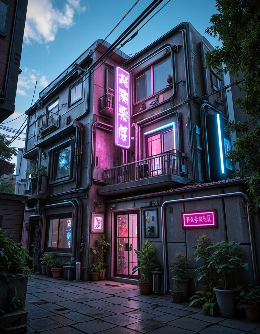 <lora:CWMinis01v2flux:1> cw01mini, cyberpunk, narrow street, cyberpunk apartment, glowing kanji, glow, illuminated, day, neons, tubes on walls, photo, trees, vegetation, blue sky, clouds,