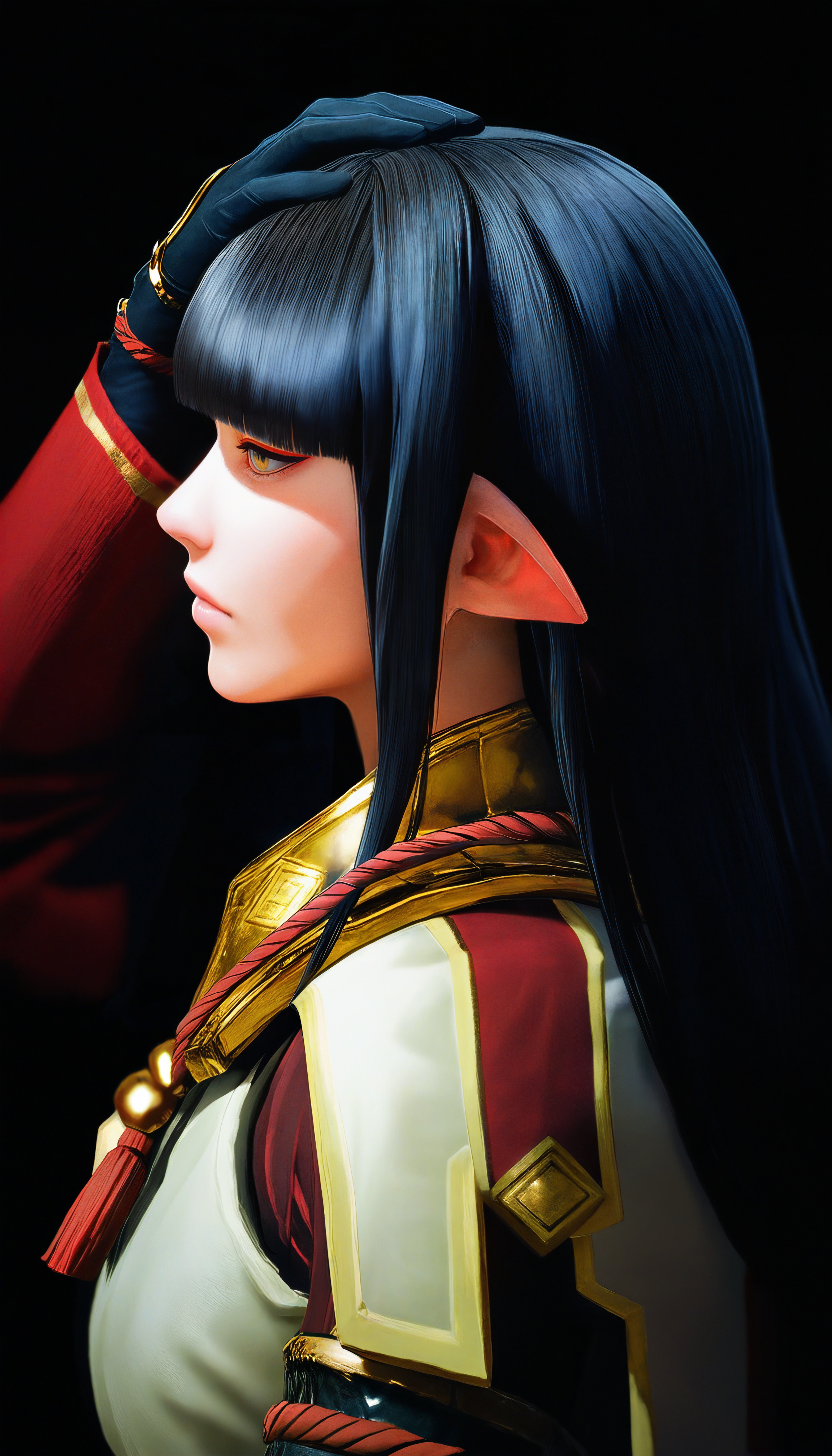 masterpiece,best quality,amazing quality,
<lora:mhminotoNAI:1>,mhminoto,realistic,no hair ornament,
1girl,solo,black hair,long hair,blunt bangs,yellow eyes,red and white short cape,white robe top,black gloves,portrait,facing away,looking away,hand on head,black background,
