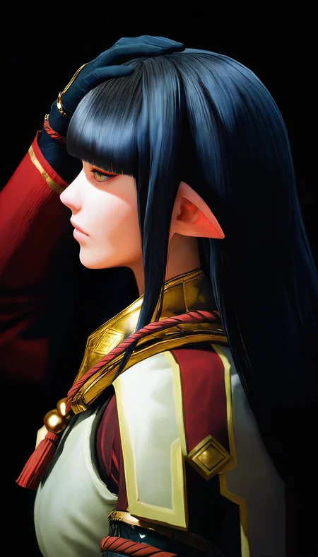 masterpiece,best quality,amazing quality,
<lora:mhminotoNAI:1>,mhminoto,realistic,no hair ornament,
1girl,solo,black hair,long hair,blunt bangs,yellow eyes,red and white short cape,white robe top,black gloves,portrait,facing away,looking away,hand on head,black background,