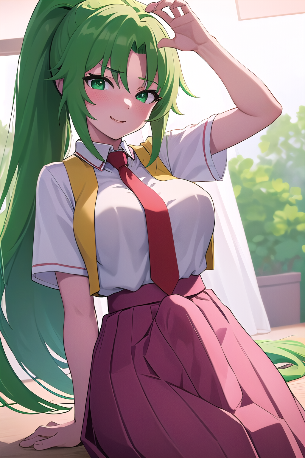 masterpiece, best quality, ultra-high-detailed,erection under clothes, 1girl,  Mion Sonozaki, green hair, green eyes, ponytail, white shirt, red necktie, yellow vest, red skirt,