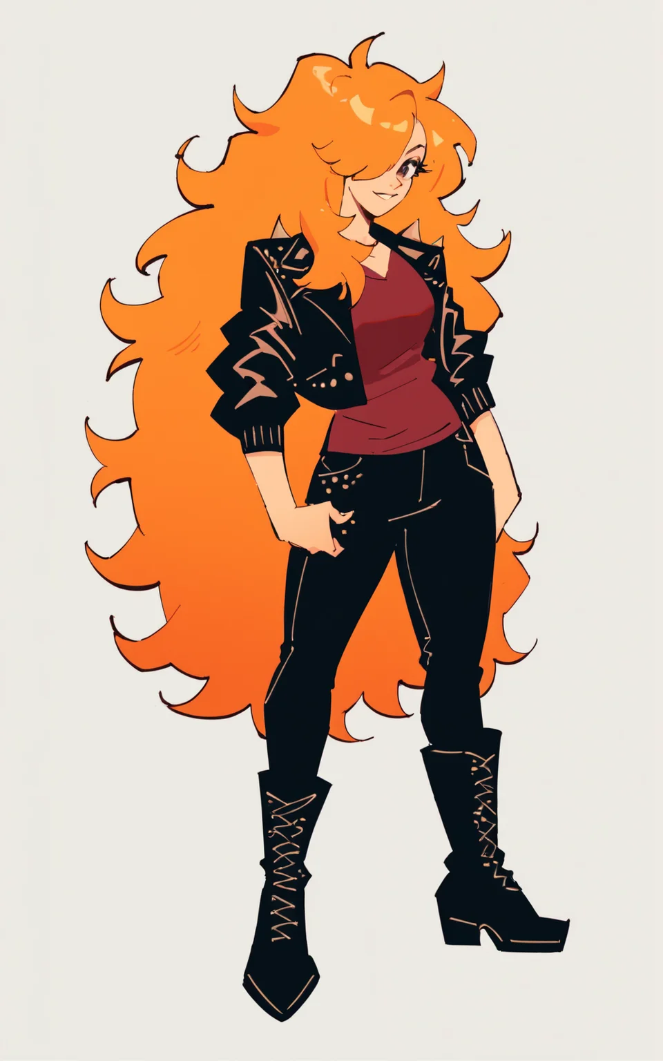 score_9, score_8_up, score_7_up,((best quality)), absurdres,((full body)), <lora:3d-2d:0.8>, <lora:TigerNJPXL:0.8>,TigerNJPXL,long hair, orange hair, hair over one eye, very long hair, big hair,jacket, leather jacket, pants, boots, black footwear,black jacket, black pants,red shirt,shirt,white background