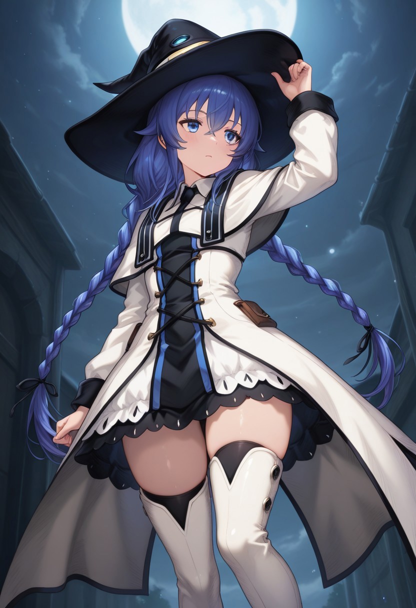 (masterpiece, best quality, highres, very aesthetic, very awa),
1 girl, Roxymt, blue hair, braid, twin braids, long hair, hair ribbon, black ribbon, blue eyes, witch hat, roxymt hat,  dress, white dress, thigh boots, white boots