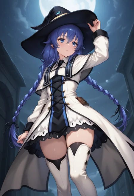 (masterpiece, best quality, highres, very aesthetic, very awa),
1 girl, Roxymt, blue hair, braid, twin braids, long hair, hair ribbon, black ribbon, blue eyes, witch hat, roxymt hat, dress, white dress, thigh boots, white boots