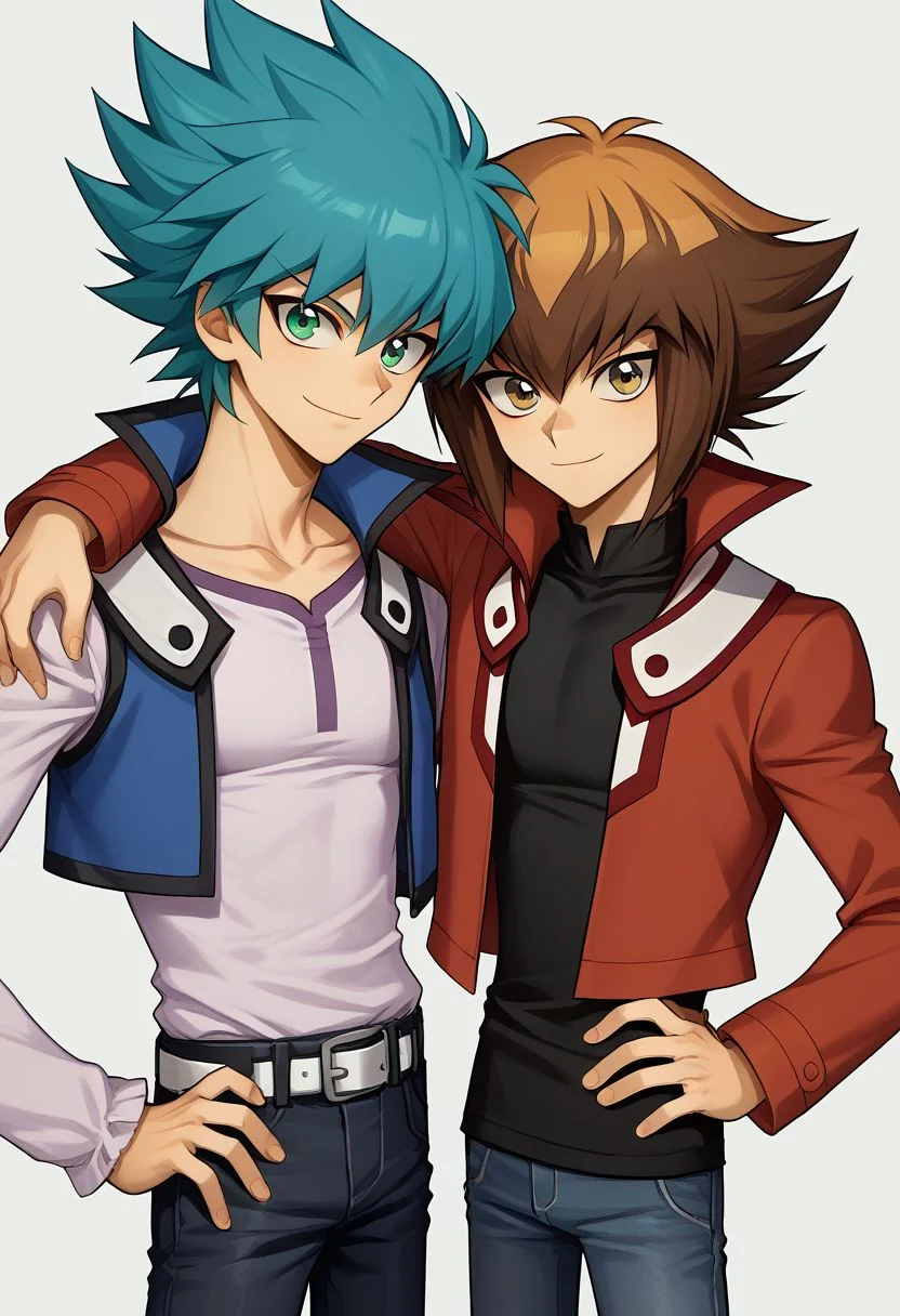 score_9, score_8_up, source_anime, highly detailed, 2boys, skinny
jesse, 1boy, male focus, green eyes, duel academy uniform (yu-gi-oh! gx), upper body, spiked hair, looking at viewer, aqua hair, collarbone, hair between eyes, BREAK
jaden, 1boy, male focus, brown hair, brown eyes, duel academy uniform (yu-gi-oh! gx), jacket, black shirt, red jacket, shirt, pants, multicolored hair, two-tone hair, open clothes, skinny,
outdoor, side by side, hand on other's shoulder, hand on other's hip. posing for a photo, smile, closed mouth,