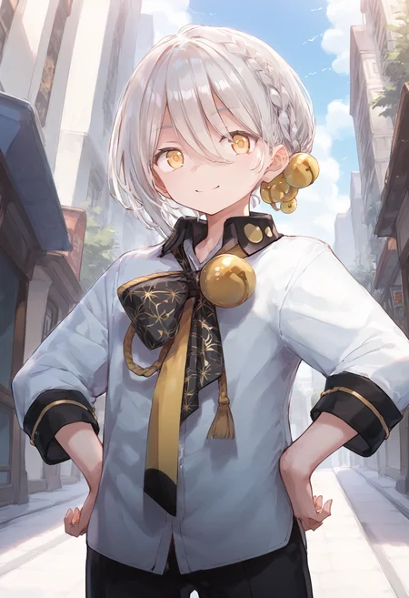 score_9, score_8_up, score_7_up, source_anime,
BREAK,
1boy, solo, standing, looking at viewer, smile, outdoors, sky, hands on own hips,
<lora:iori_yuzuru_PonyXL_v1:1> iori yuzuru, yellow eyes, white hair, braid, hair ornament, bell, white shirt, black pants,