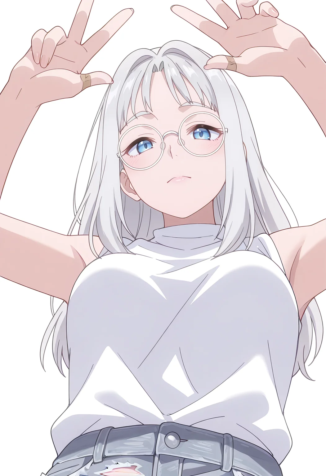 Smooth Quality,masterpiece,beautiful aesthetic, very intricate, high quality details, ultra realistic, high detailed skin,
simple background, white background,
from below,w,=^=,
ripped jeans, ,sleeveless shirt, ,Bandaid on hand, <lora:Hinacnn:0.8> hina/cnn, 1girl, long hair, blue eyes, grey hair, glasses,