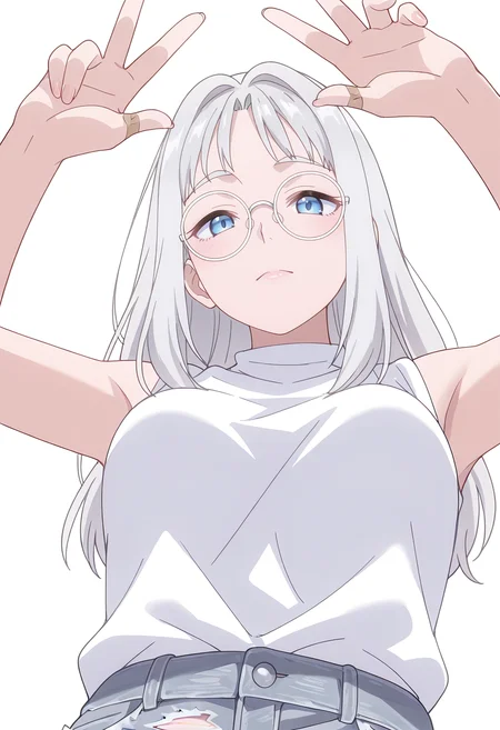 Smooth Quality,masterpiece,beautiful aesthetic, very intricate, high quality details, ultra realistic, high detailed skin,
simple background, white background,
from below,w,=^=,
ripped jeans, ,sleeveless shirt, ,Bandaid on hand, <lora:Hinacnn:0.8> hina/cnn, 1girl, long hair, blue eyes, grey hair, glasses,