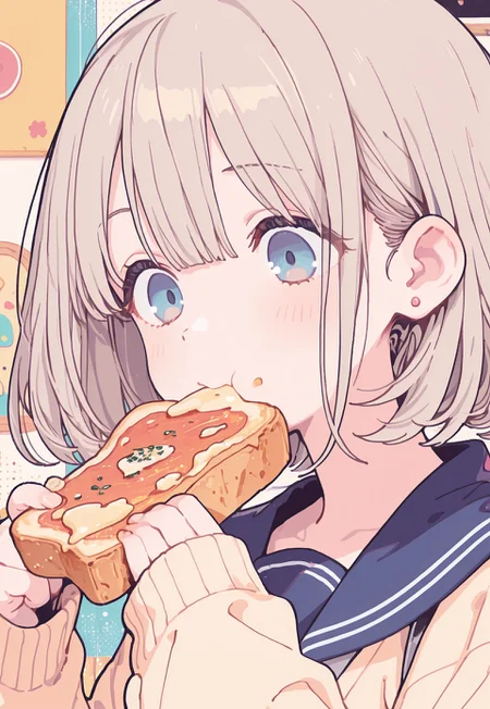 masterwork, masterpiece, best quality, very aesthetic, absurdres, newest, huge filesize, highres, very awa, detailed, 1girl, solo,
serizawa asahi, aaasahi, blue eyes, blonde hair, asahischool, school uniform, stud earrings, blue sailor collar, yellow cardigan, sleeves past wrists,
kissaten, japanese cafe, eating, food, pizzatoast, cheese, toast, food on face,
food focus, close-up,
halftone, flatline, flat vector illustration, black outline, vivid colors, screentones, colorful, portrait, eating,