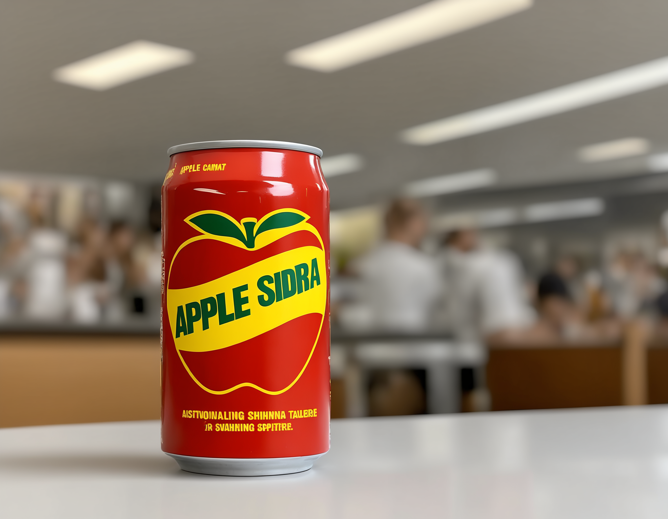 ((applecantw)),A  can of gapplesodag soda placed on a restaurant table. The can 's label is clearly visible, showcasing the brand and flavor. The setting is a dining environment, possibly with elegant tableware, a menu, or other dining accessories. The scene should be as realistic as a high-resolution photograph, with soft and inviting lighting that highlights the bottle and creates a pleasant dining ambiance,<lora:applesoda:0.55>