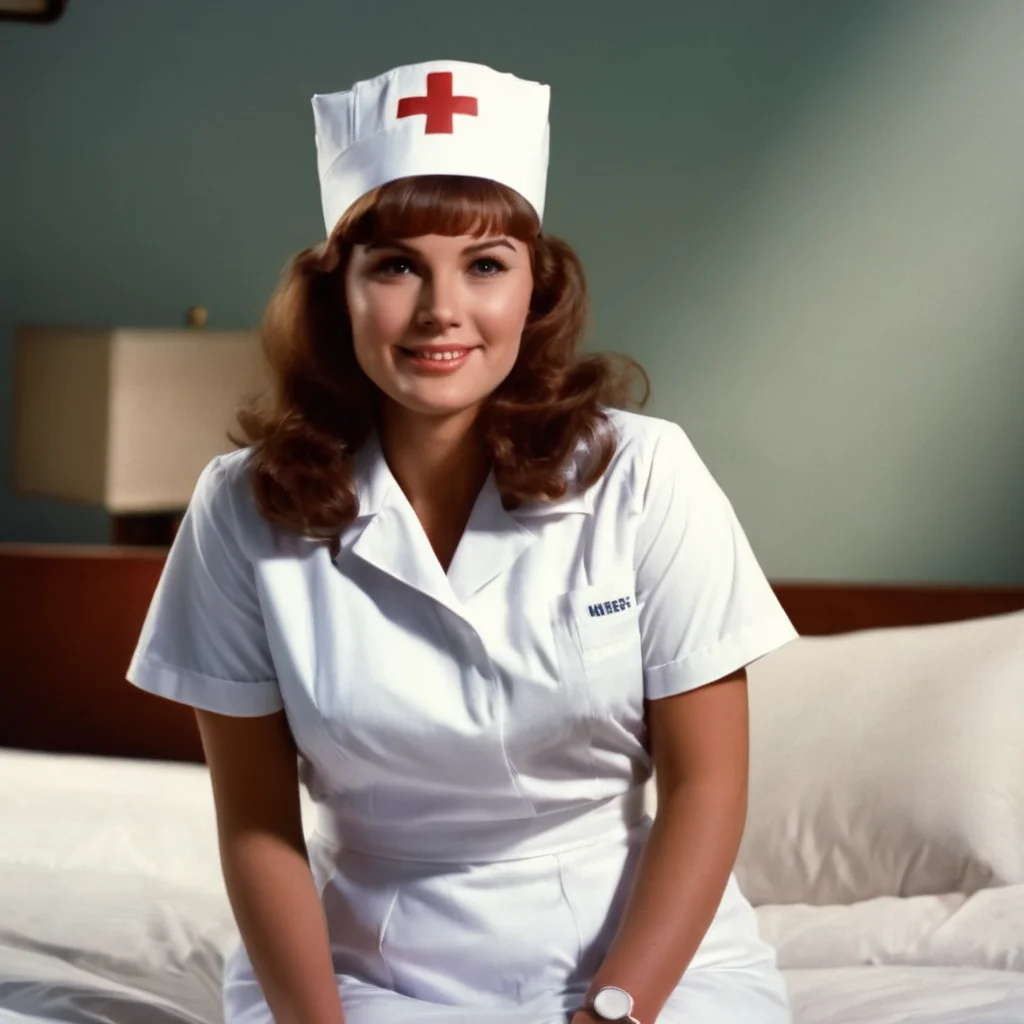 cinematic film still of <lora:Film Stock Footage Style:1>
Wide view of a 1970'svintage woman in a nurse's uniform sitting on a bed smiling at camera Kodak Vision3 250D Film Stock Footage Style, shallow depth of field, vignette, highly detailed, high budget, bokeh, cinemascope, moody, epic, gorgeous, film grain, grainy