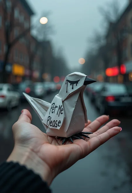 origami paper bird sitting on female palm and crying, black ink tears from eyes, text on paper wing says "Pet Me Please", close-up, dark clouds, rain, water puddles and cars, street, emotional scene, realistic, cinematic lighting and dramatic atmosphere, black beak, black claws,