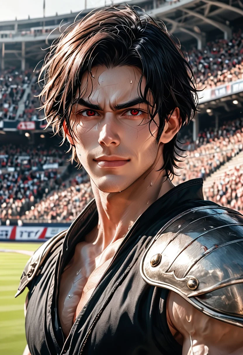 1boy, Darius Dusk, slightly wavy, short hair, jet black with a natural shine, neatly styled but slightly tousled at the ends, medium height, lean and muscular build with defined shoulders and arms, red eyes, sharp angular face with a prominent jawline, pale skin, smooth skin, Southern European, faint stubble on the chin and along the jawline,
subtle veins visible under the pale skin, especially near the eyes and hands,
solo,
flirty expression, secuctive smile, handsome, charming, simple charm,
,outdoor, arena, galdiator arena, plated armor, swinging sword, sweating, serious, full body shot,