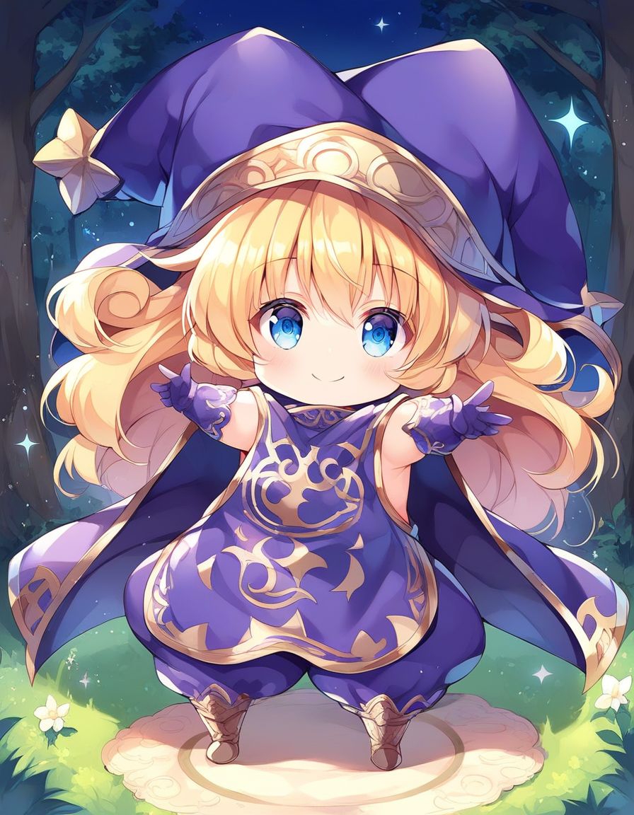 score_9, score_8_up, score_7_up, source_anime, rating_explicit, BREAK  <lora:Charlotte_seiken_densetsu3_XL:1>
Charlotte_seiken, 1girl, solo, hat, blonde hair, long hair, gloves, full body, witch hat, holding,  purple cape, smile, chibi,
elbow gloves, blue eyes, purple gloves,  dress, looking at viewer,
night, forest,