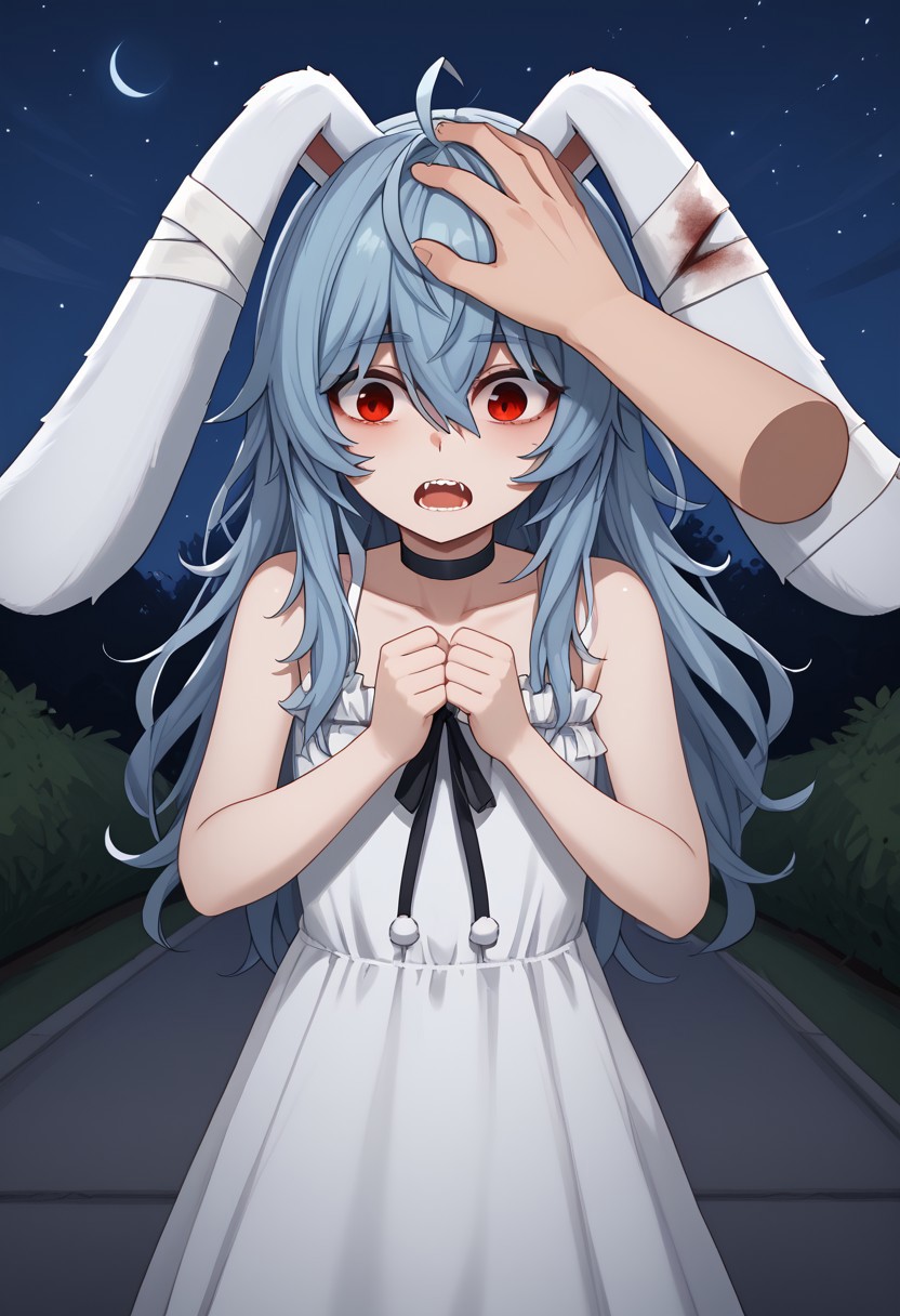 1girl, solo, Parasi, red eyes, messy hair, blue hair, long hair, animal ears, rabbit ears, hair between eyes, bangs, blood, sidelocks, bandages, black choker, white dress, black ribbon, sundress, park, lamppost, night sky, looking at viewer, open mouth, surprised, (headpat, pov hands, disembodied hand)