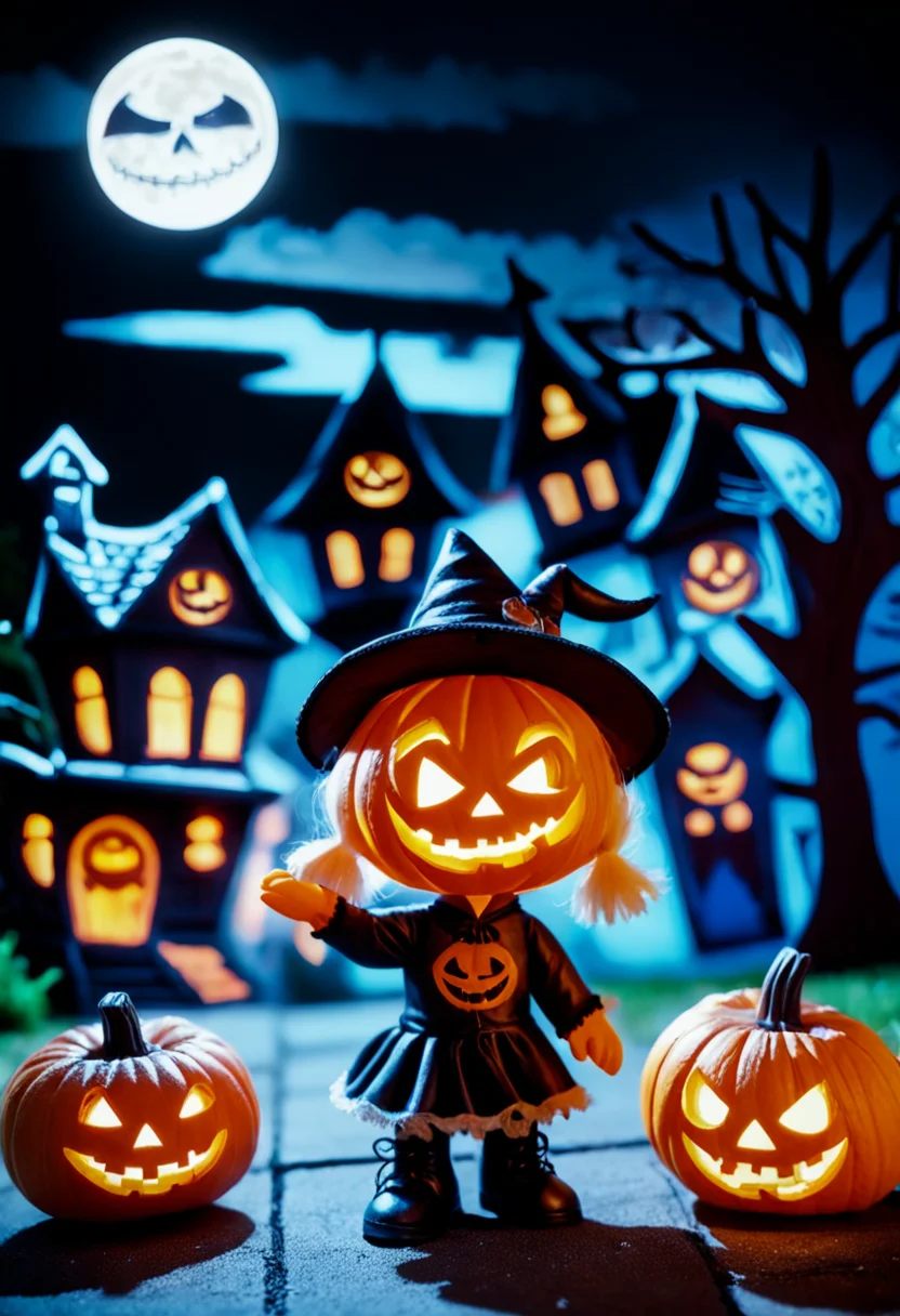 Halloween, moonlit night, supernatural, jack-o'-lanterns, trick-or-treating, eerie ambiance, playful mischief, mysterious shadows, delightful spookiness.,cute helloween doll ,haunted graveyard in the background, with its windows glowing with an unnatural, ghostly radiance. It beckons the curious and the brave to explore its mysteries.cute helloween doll, Halloween Night,Painting using watercolor paints street art, vibrant, urban, detailed, tag, mural, often on paper, known for soft washes and transparent effects. . graffiti style ,