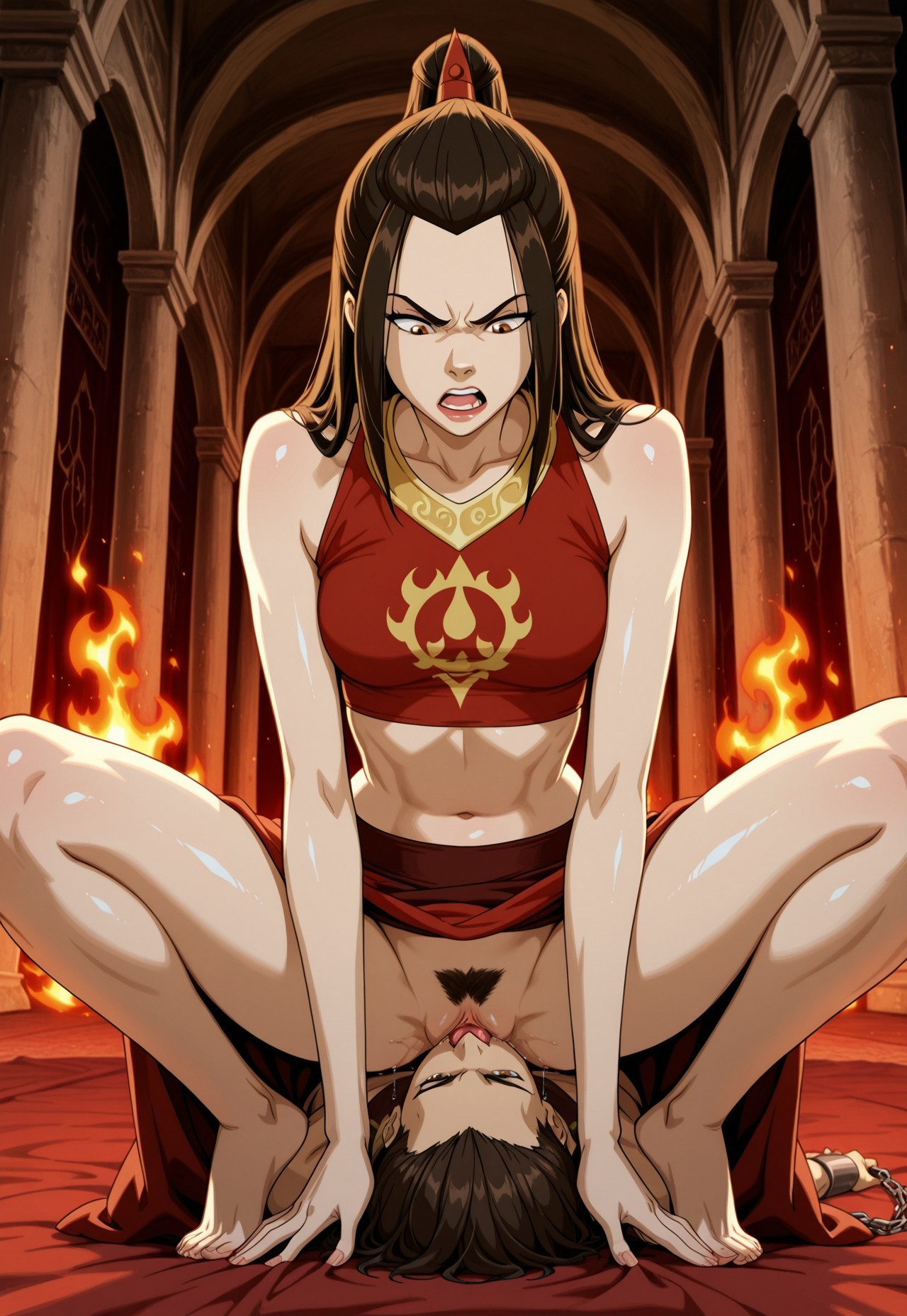 FacesitCuni, cunnilingus, girl on top, femdom, squatting, pussy licking, Palace of Fire Nation, inside, looking at another, looking down, pussy juice, female pubic hair, tongue in pussy, 

1girl, In the Avatar Animation style, Azula, long hair, medium breasts, black brown hair, brown eyes, crop top, skirt, Fire Nation outfit, angry, skinny, skindentation, shiny skin,

1boy, slave boy, Zuko, licks pussy, 

absurdres, newest, masterpiece, best quality, very aesthetic, anime coloring, 