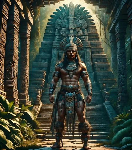 RAW photo, (masterpiece:1.3), subsurface scattering, heavy shadow, (high quality:1.4), (intricate, high detail:1.2), professional photography, HDR, High Dynamic Range, realistic, ultra realistic, photorealistic, high resolution, film photography, ambient lighting, atmospheric effects, <lora:detail_slider_v4:2>, OverallDetail, 1boy, armlet, aztcar, black hair, dark-skinned, full body, jewelry, long hair, muscular male, outdoors, solo, tribal, <lora:Aztec_Architecture:0.76>, <lora:AztecChar:0.8>, aztar,