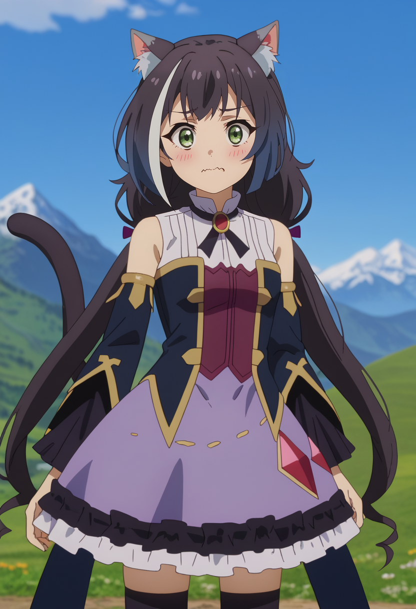 score_7_up, anime screencap,
<lora:PrincessConnect_KarylXL:0.9>,
1girl, solo, wavy mouth, closed mouth, embarassed, blush,
long hair, streaked hair, black hair, white hair, low twintails, green eyes, cat ears, cat tail,
KarylDress, multicolored dress, brooch, detached sleeves, gold trim, frilled skirt, purple skirt, black thighhighs,
standing, looking at viewer,
blurry background, mountains, scenery