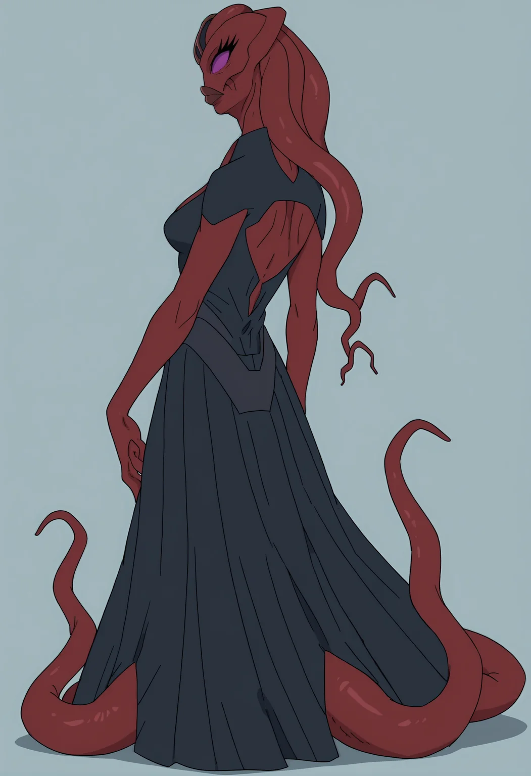 score_9, score_8_up, score_7_up, score_6_up, score_5_up, score_4_up, 1girl, <lora:LucyGOTG:0.85> solo, colored skin, red skin, purple eyes, no pupils, eyelashes, lips, monster girl, alien, tentacles, tentacle hair, dress, cleavage, full body, standing, from behind, looking back,
(light blue background), simple background,