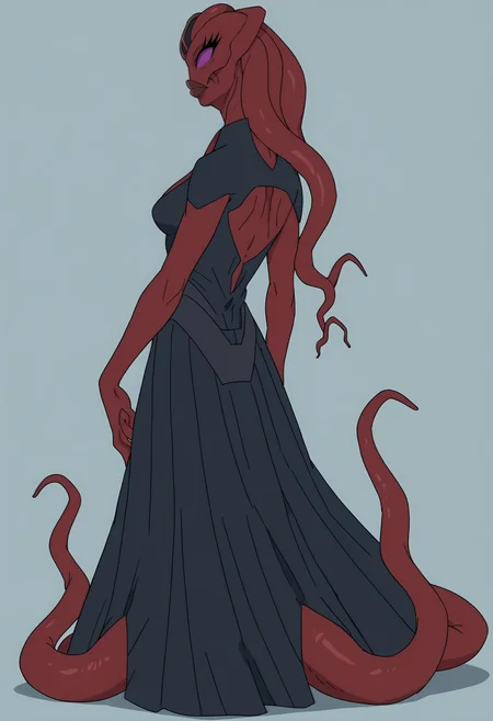 score_9, score_8_up, score_7_up, score_6_up, score_5_up, score_4_up, 1girl, <lora:LucyGOTG:0.85> solo, colored skin, red skin, purple eyes, no pupils, eyelashes, lips, monster girl, alien, tentacles, tentacle hair, dress, cleavage, full body, standing, from behind, looking back,
(light blue background), simple background,