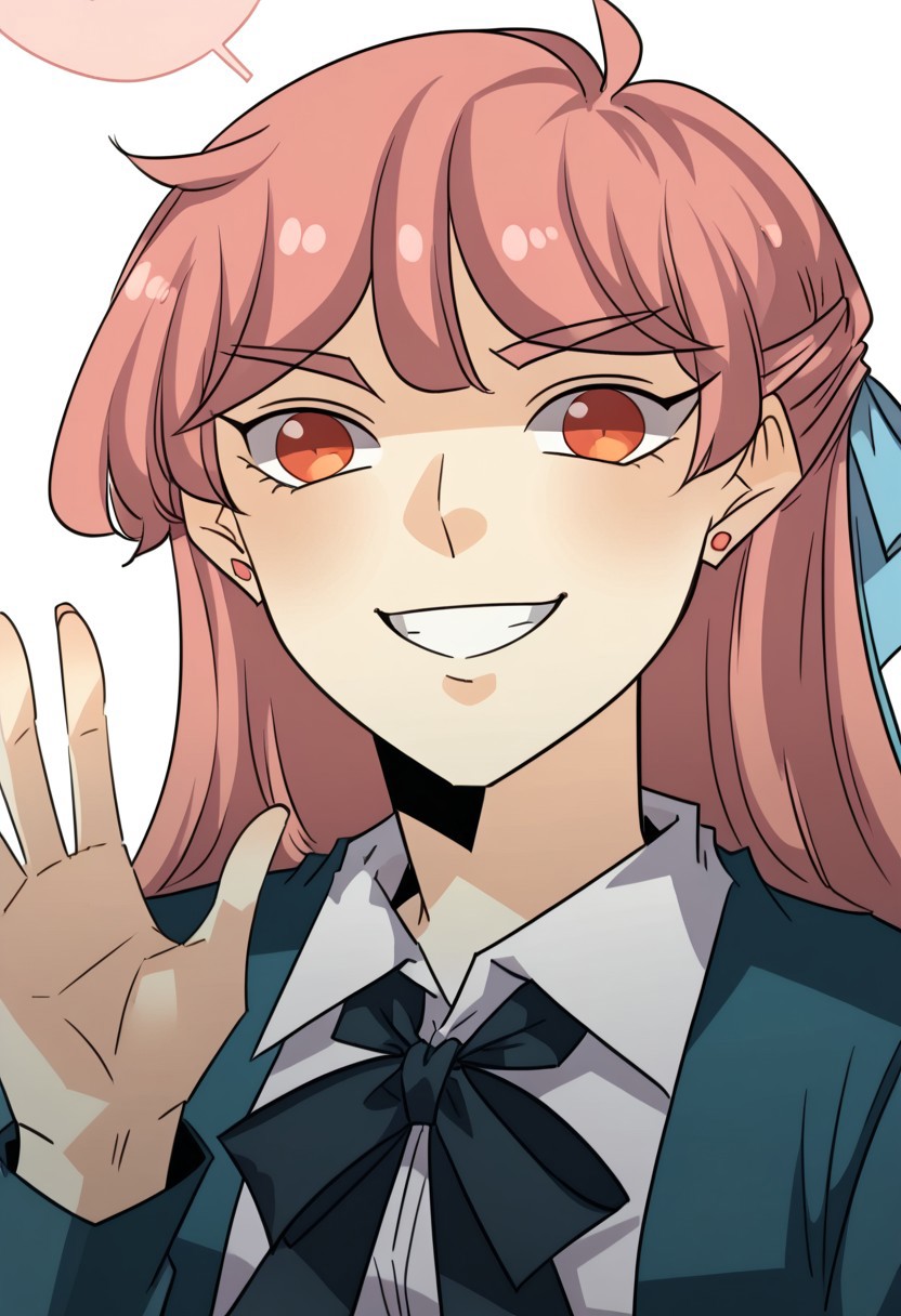 (((accurate artstyle))), score_9, score_8_up, score_7_up, simple background, white background, (Pink hair, light red eyes, fair skin, blue bow barrette, Unordinary), accurate artstyle, (accurate artstyle), <accurate artstyle>, School uniform, teal jacket, white shirt, dark blue skirt, dark blue bow tie, thighhighs, wellston uniform, (perfect hands), waving at viewer, smile