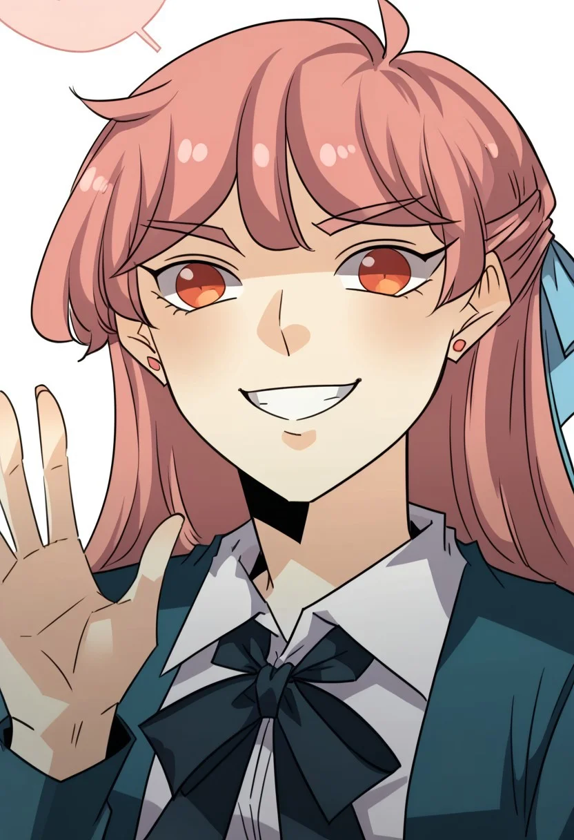(((accurate artstyle))), score_9, score_8_up, score_7_up, simple background, white background, (Pink hair, light red eyes, fair skin, blue bow barrette, Unordinary), accurate artstyle, (accurate artstyle), <accurate artstyle>, School uniform, teal jacket, white shirt, dark blue skirt, dark blue bow tie, thighhighs, wellston uniform, (perfect hands), waving at viewer, smile