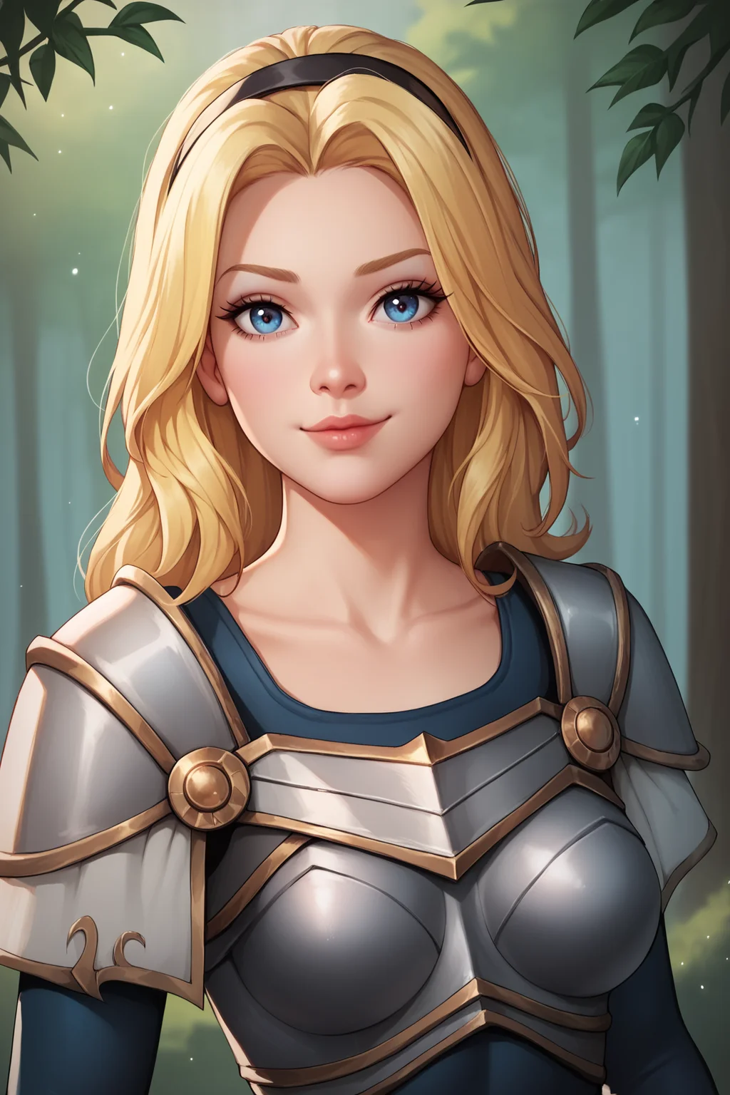 score_9, score_8_up, score_7_up, score_6_up, score_5_up, score_4_up, LuxLoLXL, blue eyes, blonde hair, long hair, black hairband, medium breasts, collarbone, shoulder armor, armor, blue bodysuit, breastplate, long sleeves, (portrait, upper body), seductive smile, looking at viewer, forest, tree <lora:LuxLoLXL:0.8>