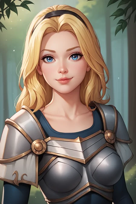 score_9, score_8_up, score_7_up, score_6_up, score_5_up, score_4_up, LuxLoLXL, blue eyes, blonde hair, long hair, black hairband, medium breasts, collarbone, shoulder armor, armor, blue bodysuit, breastplate, long sleeves, (portrait, upper body), seductive smile, looking at viewer, forest, tree <lora:LuxLoLXL:0.8>