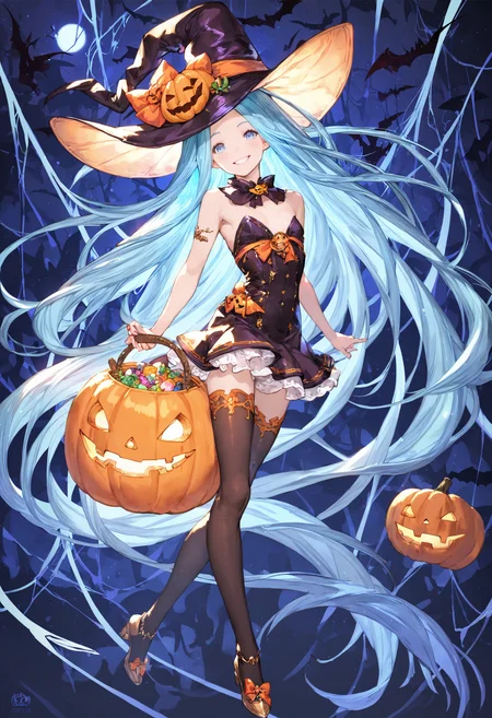 score_9, score_8_up, score_7_up,score_6_up, source_anime, best quality, aesthetic, absurdres, realistic,
full body,
halloween, halloween costume, happy halloween, official alternate costume, hat,
1girl, solo, smile, (clear eyes:1.1), looking at viewer,
Lyria (Granblue Fantasy), very long hair, blue hair, (body_slim:1.1), small breasts,
<lora:Lyria-Pony:0.8> <lora:IshikePony:0.2>