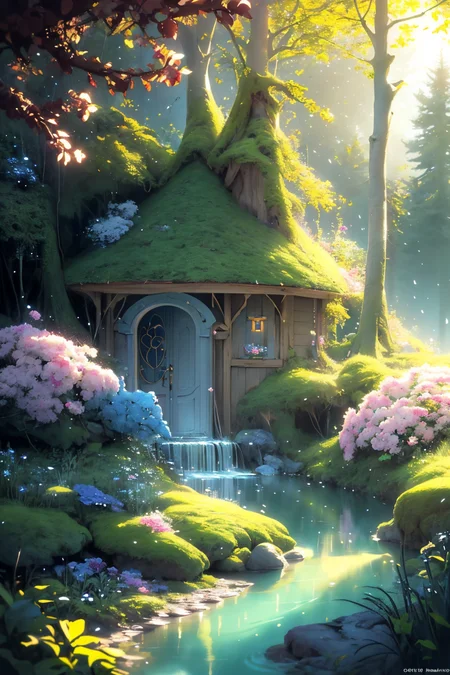 ( detailed realistic background:1),
( official art, beautiful and aesthetic:1 ),
realistic lighting,
cinematic lighting,
hyperrealism,
soothing tones,
muted colors,
high contrast,
soft light,
sharp,
artistic photoshoot,
<lora:FeyAndFairies-11:0.8>FeyFa, , forest, trees, middle, path, waterfall, through, background, stream, flowers, lights, running, in the foreground stands a fairy in front of her fairy house, light,( cute, petite ),
slender,
european,
pale cheeks,
square face shape with angular jaw,
natural "no-makeup" makeup,
big breasts,
,
blonde hair ,
wavy bob hair  ,