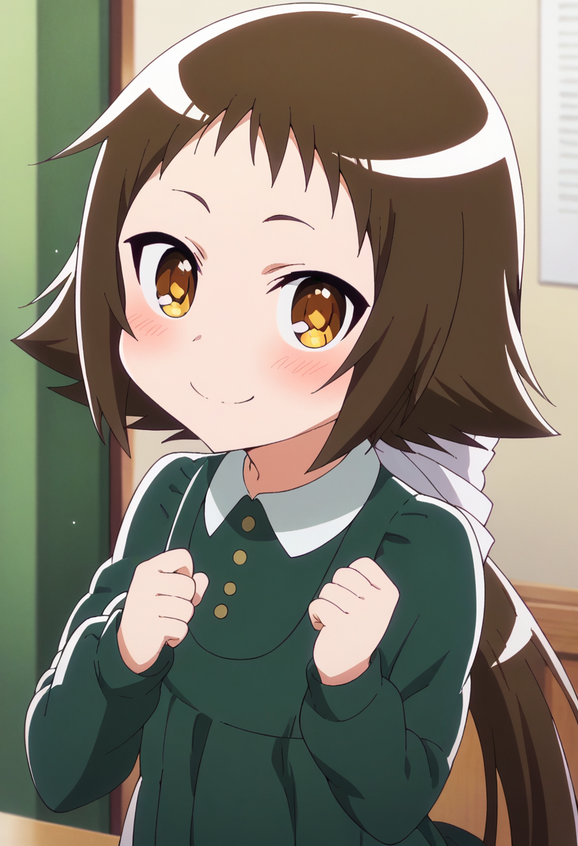 score_9, score_8_up, score_7_up, score_6_up, score_5_up, score_4_up , anime coloring ,BREAK source_anime, anime,
mashiro, long hair, blush, brown hair, long sleeves, dress, very long hair, ponytail, green dress,<lora:PonyXL Mashio V1:1>
looking at viewer,  upper body, smile,
indoors,