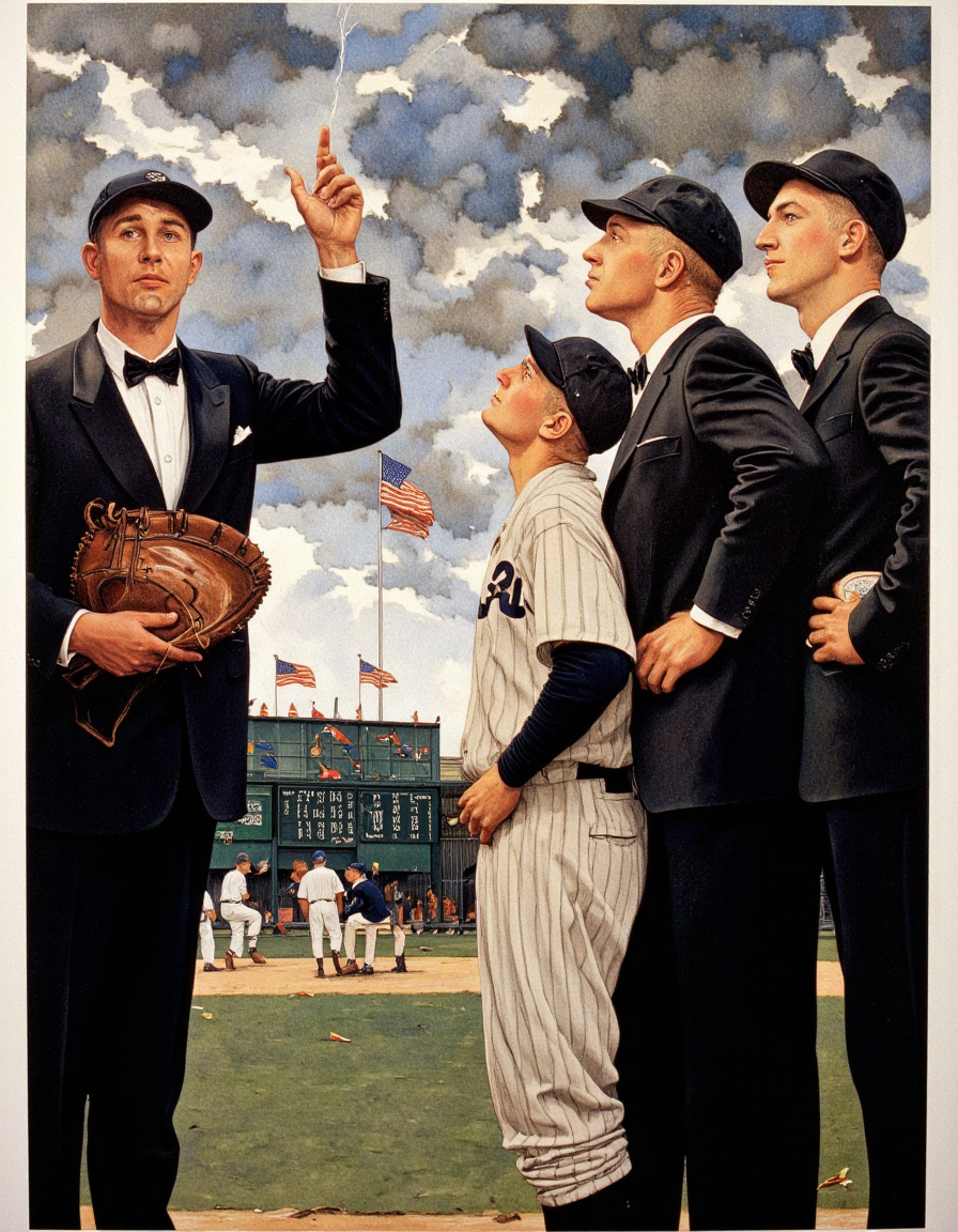 Art by Norman Rockwell. A vintage illustration from the front, depicting a dramatic scene of baseball players in suits and caps, standing on a baseball field under a stormy sky. the scene is depicted in a realistic style with vibrant colors and exaggerated proportions. on the left side of the image, a man in a black suit and bow tie stands with a large baseball glove in his left hand, pointing upwards, while on the right side, three men in black suits and bow ties stand with their arms around each other's shoulders, looking up at the sky with expressions of surprise or excitement. the man in the center, who appears to be a baseball player, is standing with his right hand on his hip, while the other two men on either side of him are standing with their backs to the viewer, also looking up with their eyes directed upwards. the men are wearing black suits, bow ties, and hats, adding to the sense of realism in the image. the background features a baseball stadium with a scoreboard displaying the score, and the overall atmosphere is one of excitement and anticipation, with the men's expressions conveying a sense of surprise and excitement.