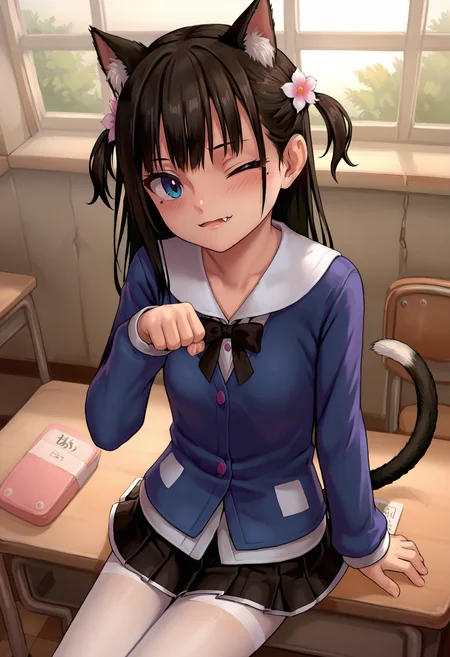 score_9, best quality, masterpiece, uncensored, source_anime
BREAK
1girl, :o, black hair, blush, female focus, flower, hair flower, hair ornament, long hair, looking at viewer, mole, mole under eye, one eye closed, cat tail, cat ears, cat girl, sleeves past wrists, solo, two side up, classroom, white pantyhose, pleated skirt, sitting on desk, fang out, paw pose
<lora:as109_pony_v3:1>