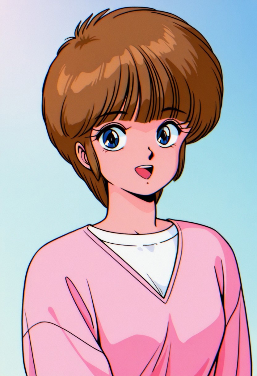 masterpiece, best quality, 32k, high resolution, absurdres, hiyama hikaru, 1girl, solo, smile, retro artstyle, looking at viewer, open mouth, shirt, upper body