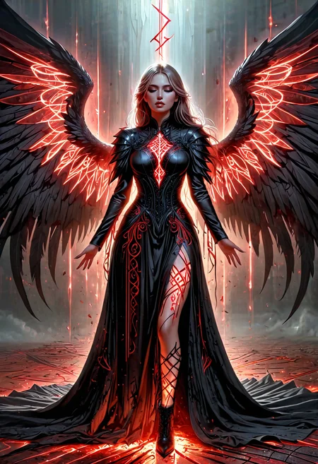 a fallen dark angel covered in red glowing runes, ripped long dress, kneeling on the ground, large black wings with red glowing runs enveloping her, sad expression, melancholy, concept art