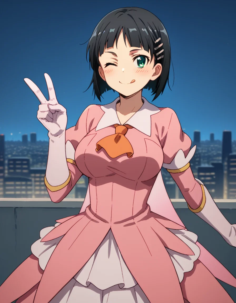 score_9, score_8_up, score_7_up, source_anime, suguhakirigaya, <lora:suguha-kirigaya-s1-ponyxl-lora-nochekaiser:1>, suguha kirigaya, short hair, black hair, hair ornament, hairclip, green eyes, large breasts,, <lora:prisma-illya-cosplay-ponyxl-lora-nochekaiser:1>, prismaillyacosplay, prisma illya \(cosplay\), dress, elbow gloves, feather hair ornament, feathers, frilled dress, frills, gloves, hair ornament, layered gloves, magical girl, orange ascot, pink dress, pink feathers, pink gloves, pink sleeves, white gloves,, cityscape, street, smile, blush, v, v over eye, one eye closed, tongue out,, cowboy shot, dutch angle, solo,