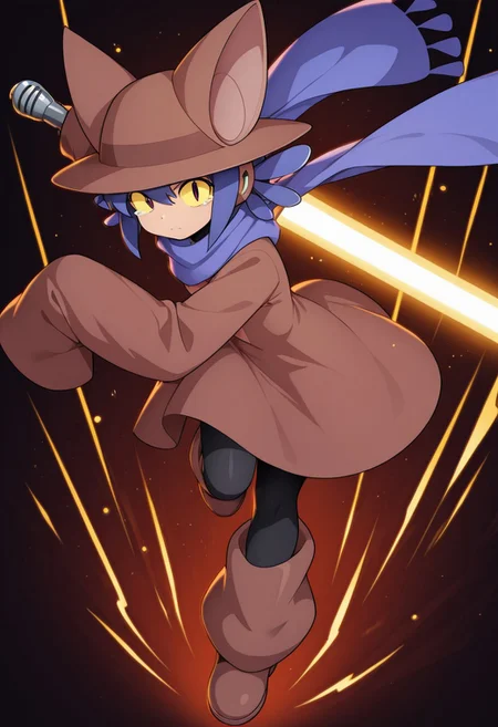 masterpiece, best quality, amazing quality, cniko,blue hair,short hair,hair between eyes,whiskers,, cat hat,yellow sclera,brown eyes,slit pupils,blue scarf,brown dress,long sleeves,sleeves past fingers,sleeves past wrists,black legwear, xdive, android, robot ears, bodysuit, holding a giant lightbulb themed beam saber, looking at viewer, solar aura, solar energy, glowing eyes, hat obscuring right eye, dynamic pose, serious expression, head tilted down, flowing hair, tears flowing from one eye, full body
