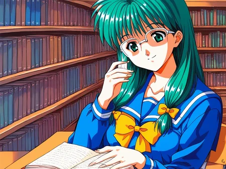 score_9, score_8_up, score_7_up, source_anime, rating_explicit, BREAK  <lora:Kisaragi_Mio_XL:1> Kisaragi_Mio, long hair,  green hair,  glasses,  green eyes, hair over shoulder, low-tied long hair,  medium breasts, 1990s \(style\),  solo,
 school uniform, book, smile, bow, serafuku, sailor collar, yellow bow, reading,
library,