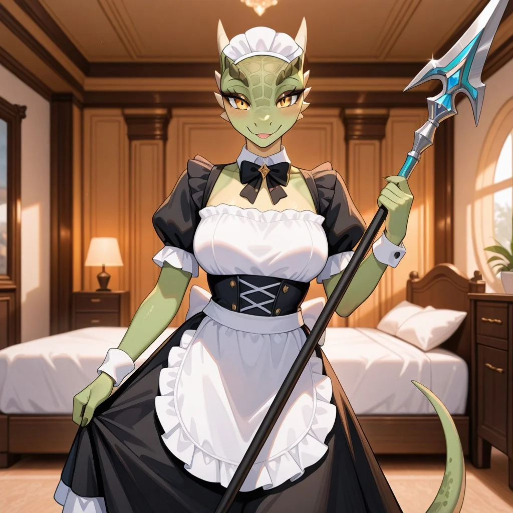 1girl, highres, absurdres, newest, masterpiece, best quality, furry, liftshertail_tes, argonian, green scales, horns, tail, hands, female, detailed eyes, yellow eyes, anthro, maid, maid outfit, maid headdress, holding spear, licking spear, standing, seductive_smile, luxurious detailed room, bright room, day scene, professional lighting, white bed, solo, furry_female, bedroom, smiling, seductive, looking_at_viewer, masterpiece, safe, close up