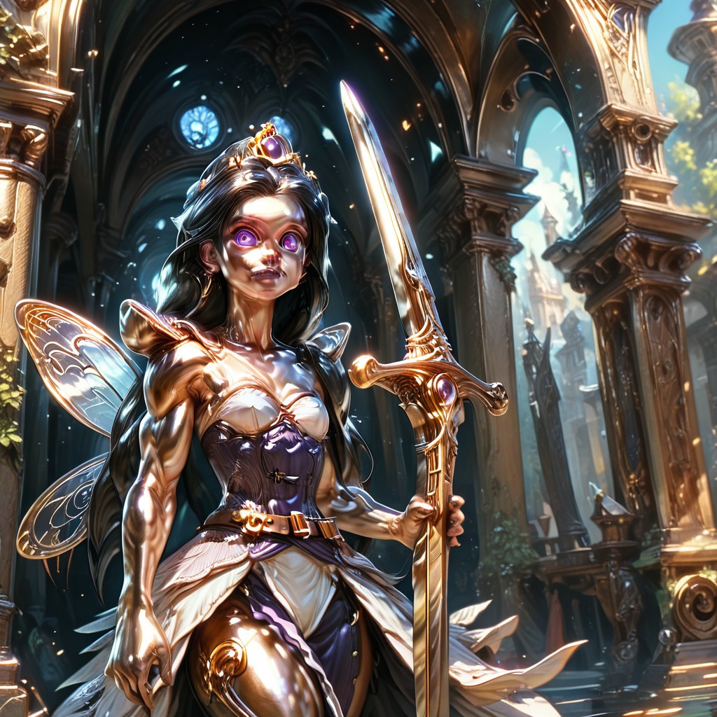Action scene, detailed, photo realistic, hyper realistic, score_9, rating_safe, solo ((arch fey, violet eyes, (beautiful woman, white underbust corset, skirt, pants, sword belt, and holding a sword), ((bronze metallic gold skin ral-polishedsteel)), ((muscular shoulders, muscular thighs, small petite breasts)), (fairy wings), (long black hair))), (standing next to a multicolored crystal throne, in a detailed throne room filled with treasures, detailed lighting), hi res, hi quality, 4k, concept art, digital art, realistic, detailed background, lens flare, pixel art, piratical beauty, great lighting