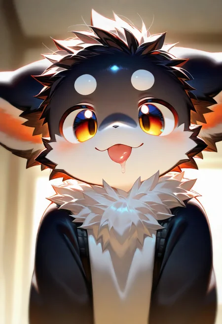 (zuppu11), xi410, alens, kyomu, nyalia, 1boy, solo, furry, cute, kemono, masterpiece, best quality, very awa, very aesthetic, absurdres, sentensive, looking at viewer, tongue out, drooling, upper body, close shot