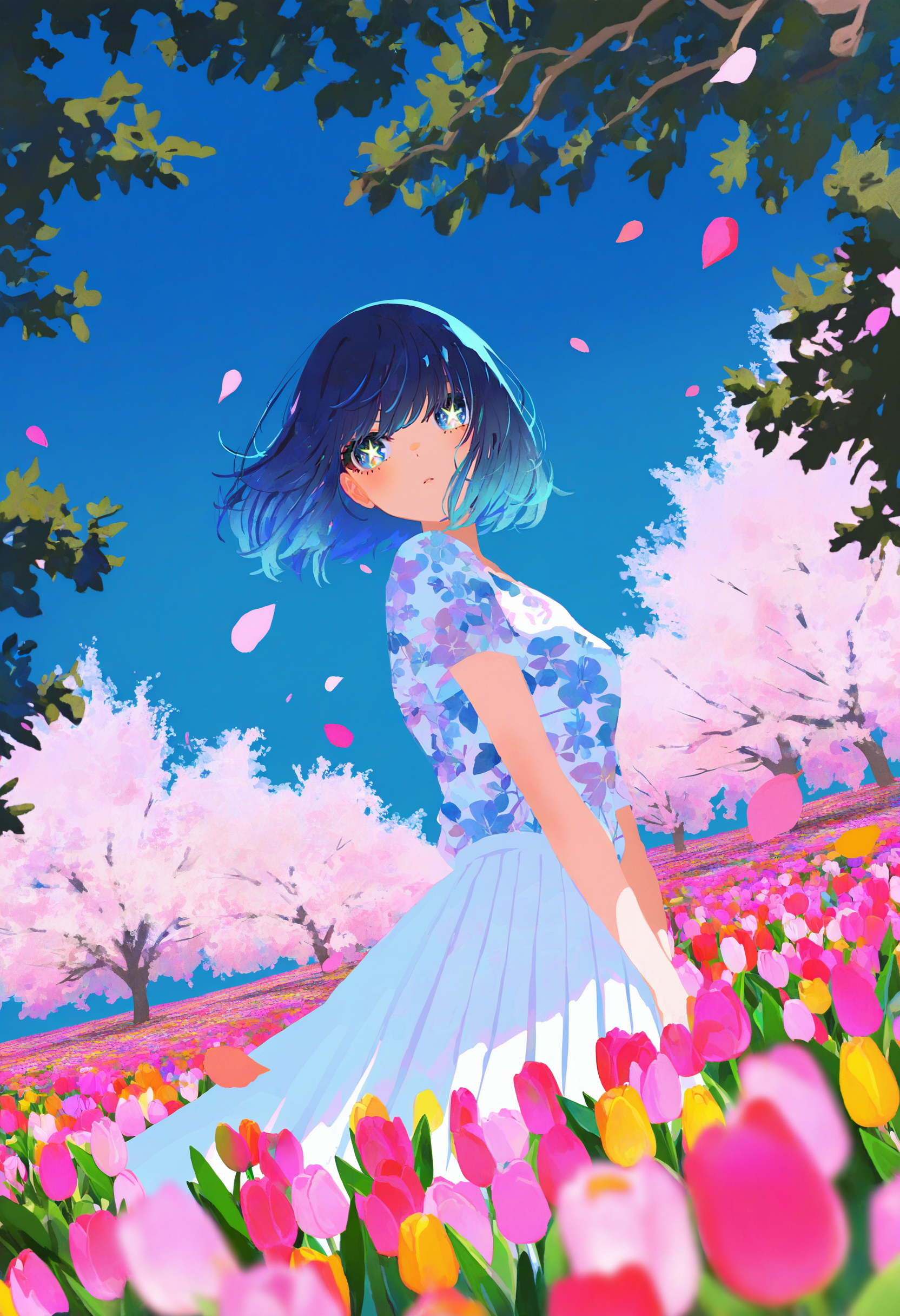 blending, flat color, no lineart, negative space,
artist:[john kafka|ponsuke kaikai|hara id 21|yoneyama mai|lam \(ramdayo\)|fuzichoco],
flower field, tulip, kurokawa akane, 1girl, blue hair, blue eyes, cowboy shot, star-shaped pupils, pleated skirt, long skirt, white skirt, outdoors, blue sky, tree shade, leaf, leaf print, floral print, floral print dress, wind, floating hair, pink petals, hair over eyes, looking to the side, blush, branch, foreshortening, dutch angle, 
masterpiece, best quality, very awa, absurdres
<lora:noobai_vpred_1_flower_field_v1:1>
<lora:noobai_vpred_1_masterpieces_v1:1>