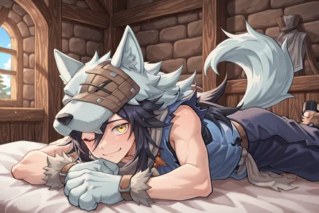 <lora:FlunkyIL:0.8> , fludef, 1boy, black hair, long hair, yellow eyes, wolf hat, wolf hood, wolf pelt, wolf tail, grey scarf, bandana around neck, necklace, tooth necklace, fur trim, blue vest, torn clothes, paw gloves, indoors, medieval, bedroom, smile, winking, solo, looking at viewer, lying on bed, masterpiece, very aesthetic, absurdres, best quality, amazing quality, high resolution, detailed background, <lora:illustrious_quality_modifiers_masterpieces_v1:0.8> , <lora:ChamIllustriousBackgroundEnhancer:0.5>