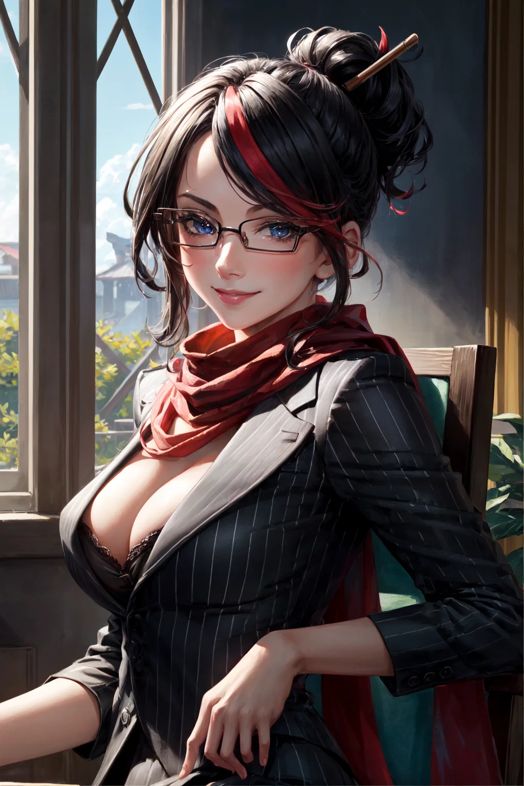 headmistress fiora, 1girl, pinstripe suit, skirt suit, red scarf, large breasts, seductive smile, solo, detailed face, looking at viewer, potrait, upper body, indoor, window, (masterpiece:1.2, best quality)