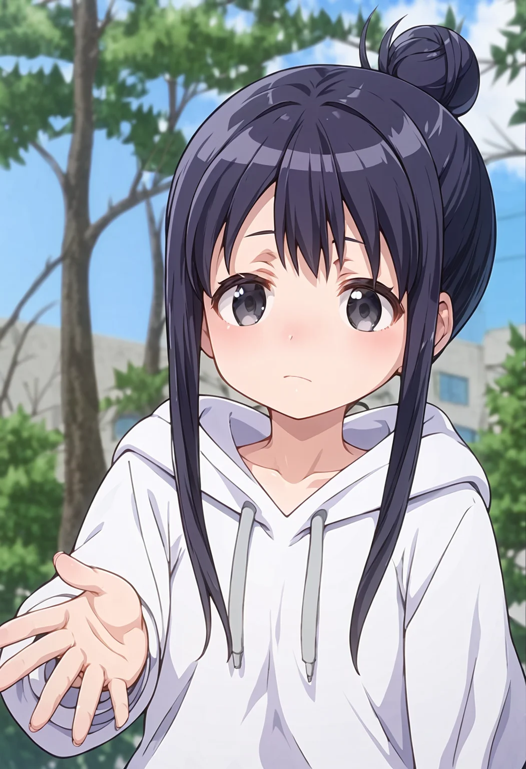 score_9, score_8_up, score_7_up, source_anime, <lora:lowres_concept_ponyXL_v1:-0.3>
BREAK,
<lora:annaka_moe_PonyXL_v1-000015:1> annaka moe, single hair bun, long hair, black hair, black eyes,
1girl, solo,
Jubilant,
nose blush ,
dark iridescence hoodie coral __bottoms__ ,
Bird's Eye View, looking afar, reaching out, Art gallery bokeh, depth of field,