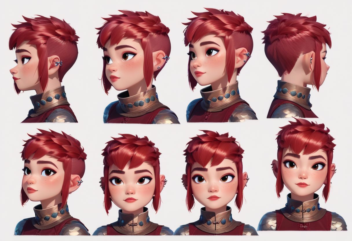 score_9, score_8_up, 1girl, 18 year old, NimonaXL, short red hair,sidelocks, brown eyes, ear piercing , portrait, multiple expressions