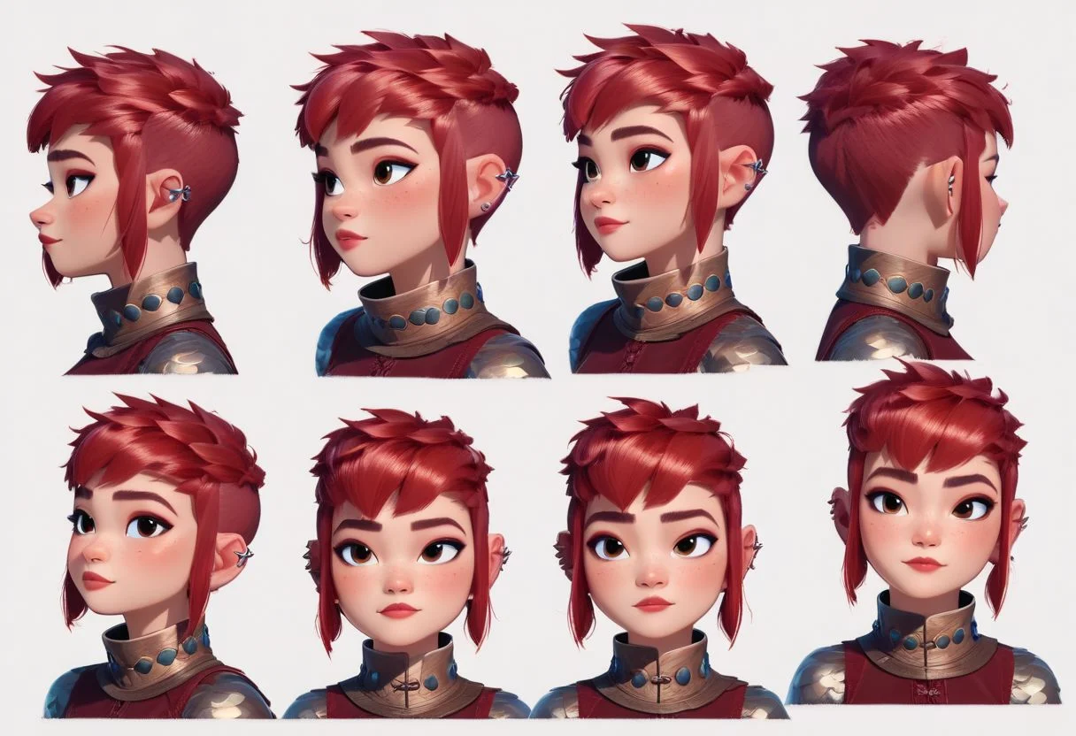 score_9, score_8_up, 1girl, 18 year old, NimonaXL, short red hair,sidelocks, brown eyes, ear piercing , portrait, multiple expressions